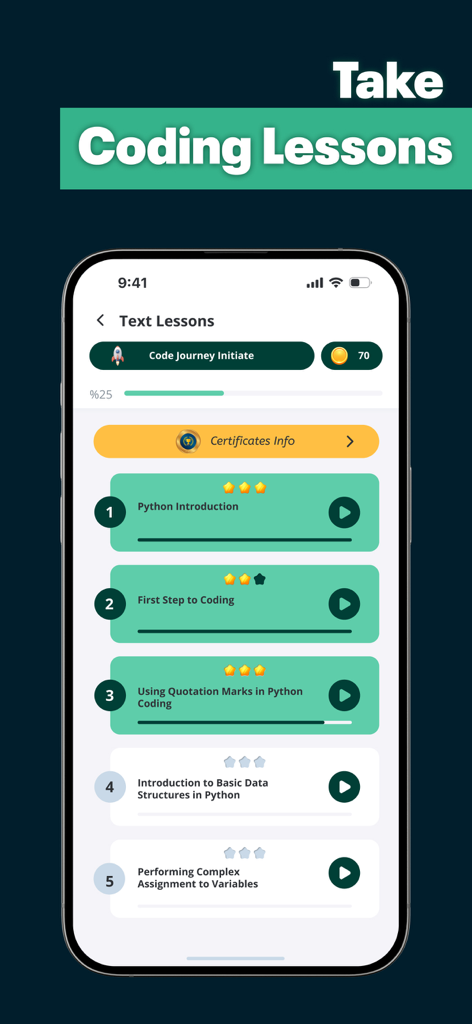 Mobile screen showing a list of Python coding tutorials and lesson progress.