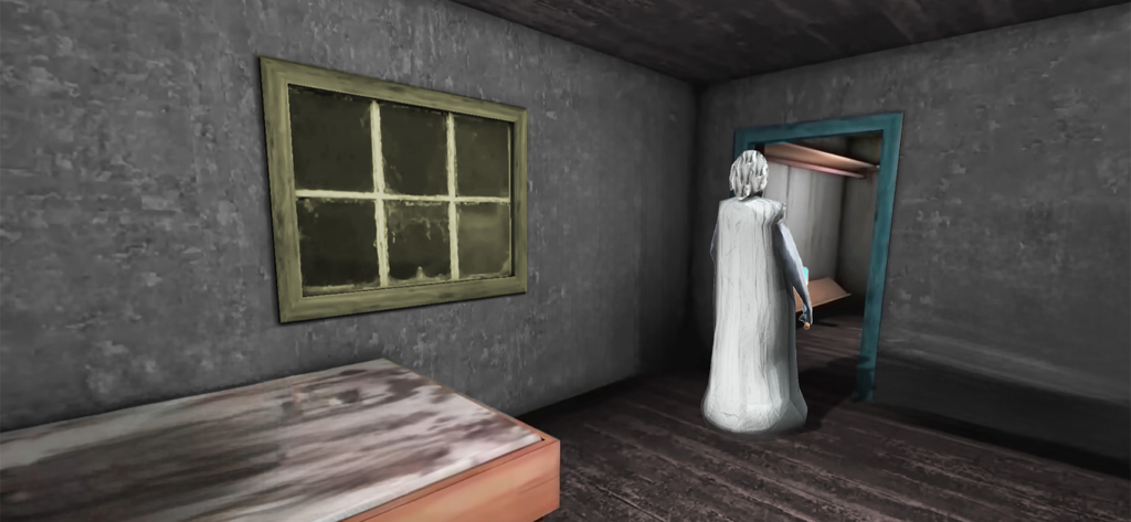 Scary Evil Granny Survival - A ghost in a white robe walks through a doorway in a dark room.