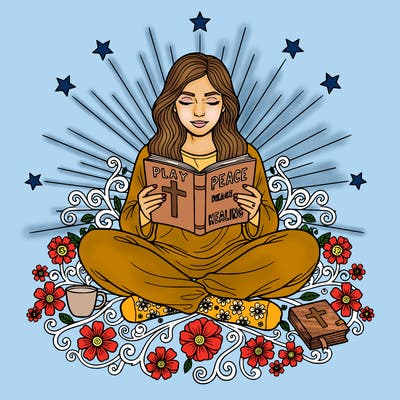 line art coloring page of a peaceful woman sitting cross leg, reading an open bible she has long hair and flowing clothes surrounded with flower lead stars socks sun raises include more detail, details, a cup journal, and cross on the bible page add words, play, peace, healing, bold, clean, outline, simple, calm, hand drawn style