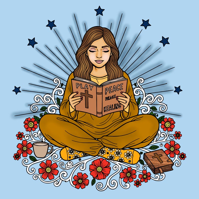 line art coloring page of a peaceful woman sitting cross leg, reading an open bible she has long hair and flowing clothes surrounded with flower lead stars socks sun raises include more detail, details, a cup journal, and cross on the bible page add words, play, peace, healing, bold, clean, outline, simple, calm, hand drawn style