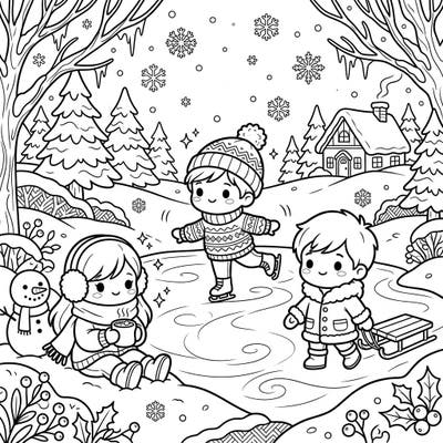 Step into a charming winter wonderland with these adorable chibi cartoon characters. Watch them ice skate, sled, and enjoy a cozy snow day, ready for your creative touch.