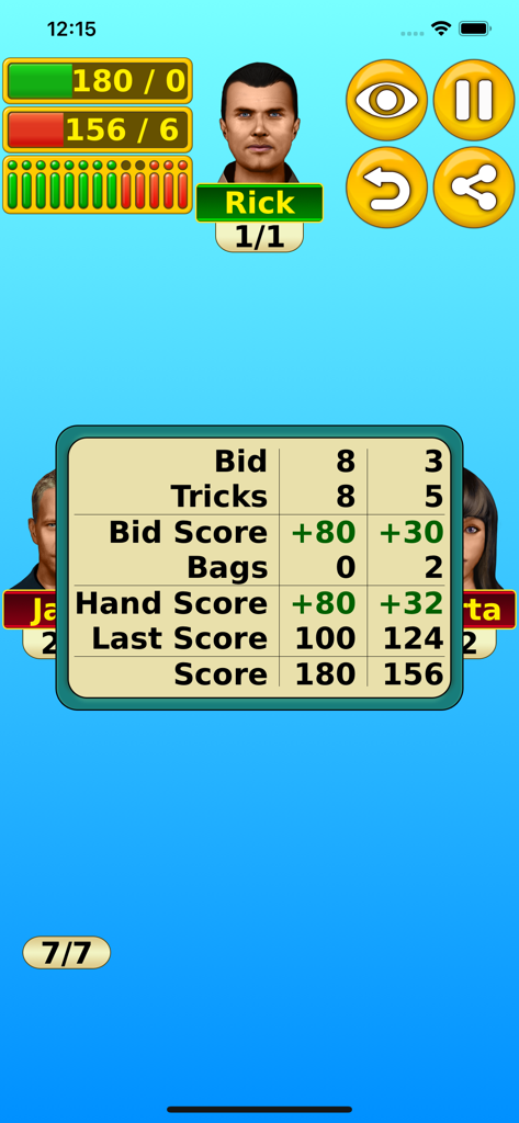 Spades - Play online & offline - Pantalla de puntuación en la aplicación móvil Spades que muestra el recuento de bazas y las puntuaciones de las apuestas para los jugadores.
