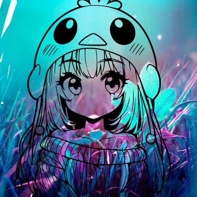 anime girl with chick shaped hat with sweater with bare shoulders with bangs covering them one eye with low tail