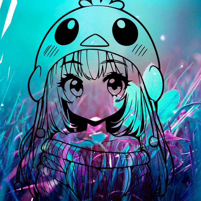 anime girl with chick shaped hat with sweater with bare shoulders with bangs covering them one eye with low tail