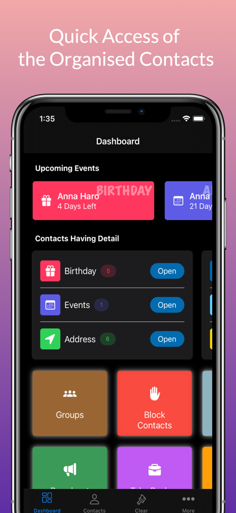 Contact Manager + - Panel de la aplicación Contact Manager Plus que muestra próximos eventos y herramientas de organización de contactos