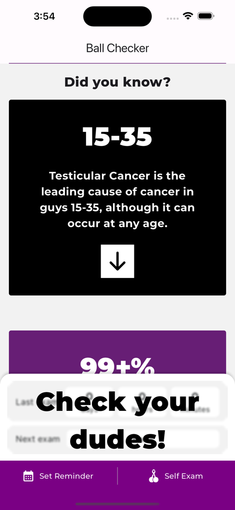 Ball Checker app screen displaying testicular cancer facts for men aged 15 to 35 with a prompt to check your dudes.