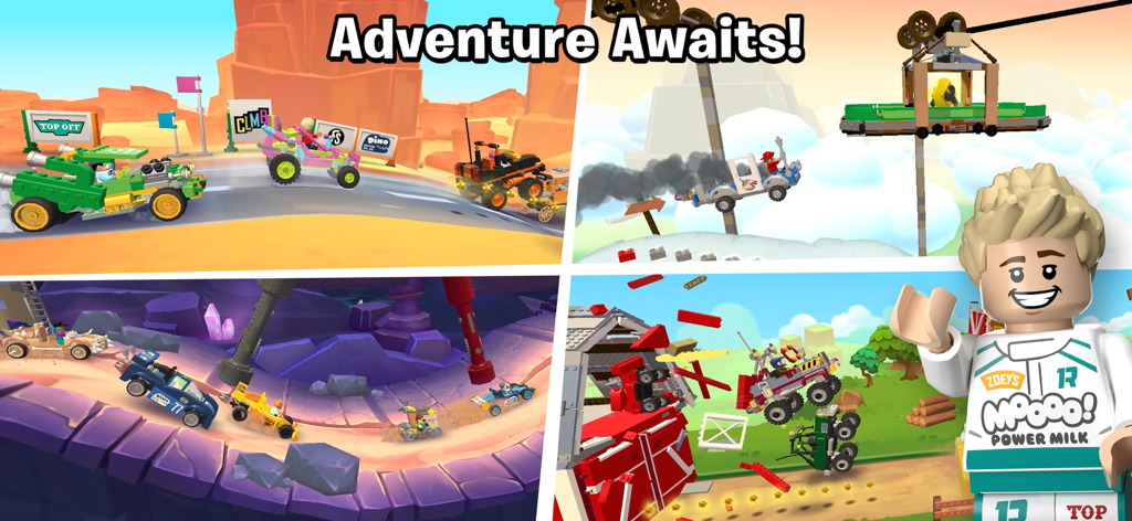 LEGO® Hill Climb Adventures - Un collage de varias escenas de juego de LEGO Hill Climb Adventures que muestran carreras en desiertos, cuevas y granjas.