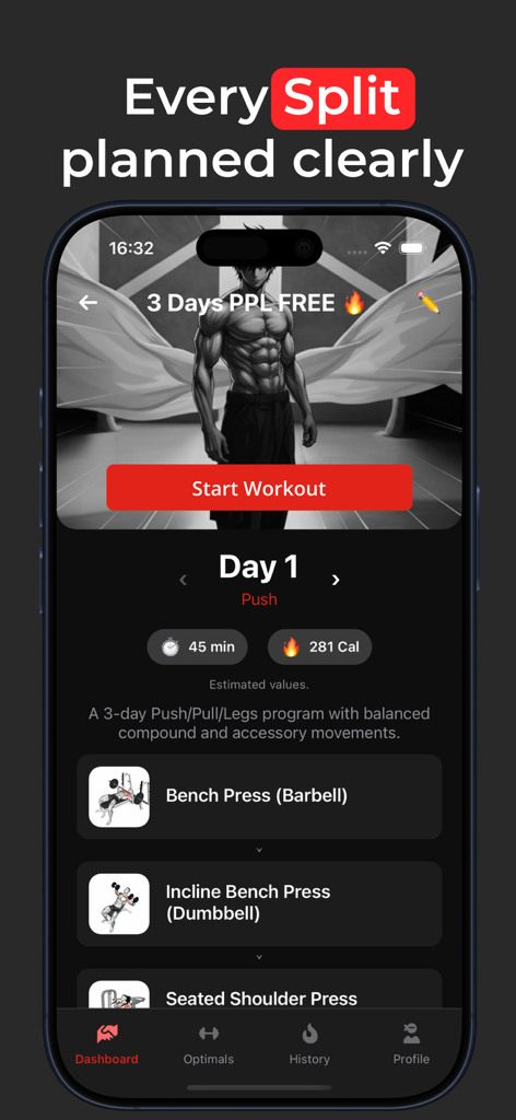 Self Coach Gym Workout Planner - Mobile dashboard showing a three day push pull legs workout routine with exercise tracking