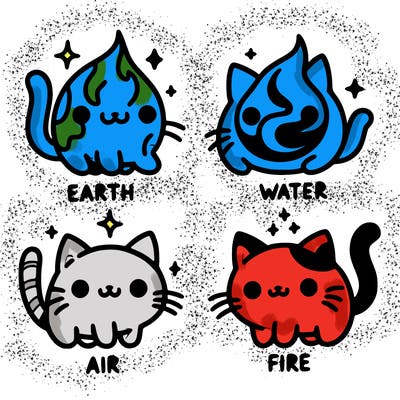 4 cats that represent the different elements, earth, water, air, and fire