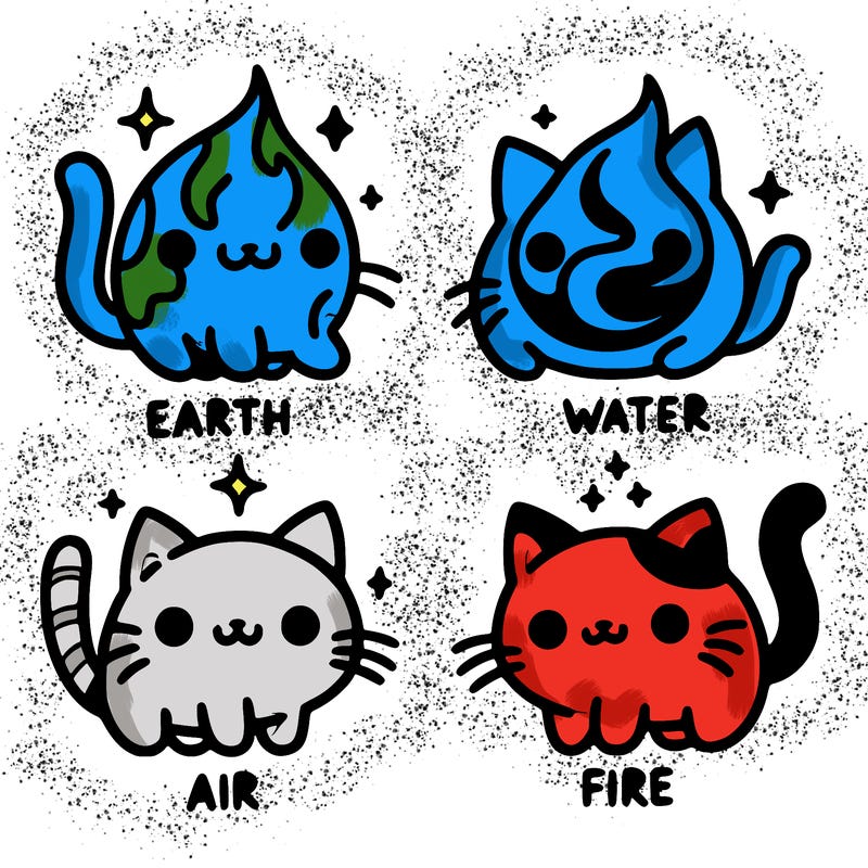 4 cats that represent the different elements, earth, water, air, and fire