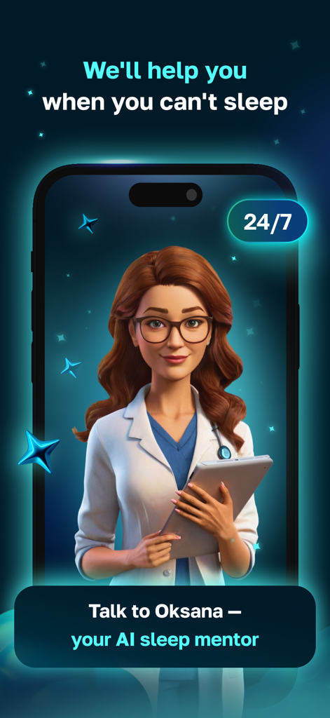 Askona Sleep: Сон и Антистресс - Smartphone screen showing Oksana the AI sleep mentor for the Askona Sleep app.