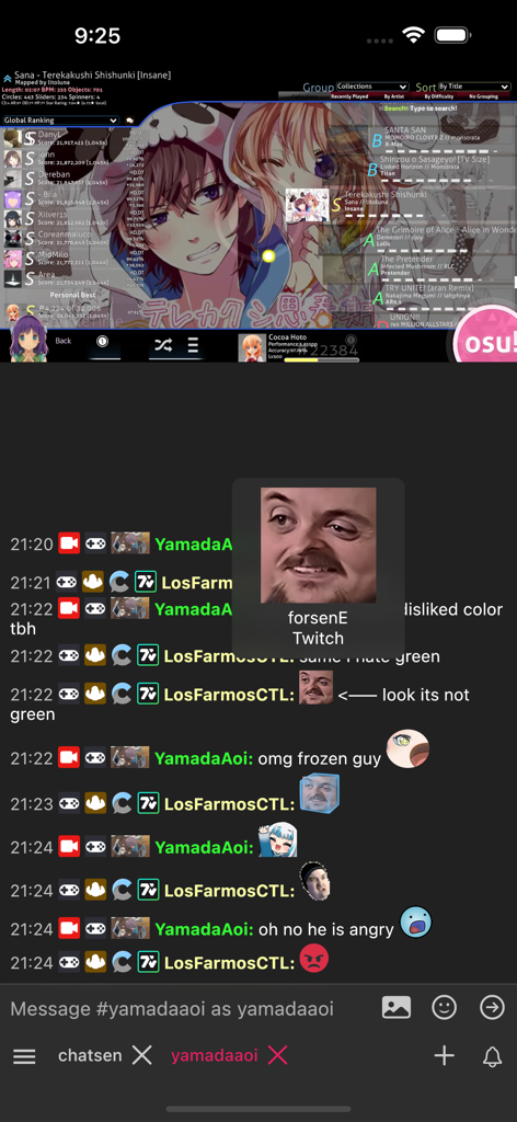Chatsen - Chatsen app interface showing a Twitch chat stream with custom emotes and a built-in video player