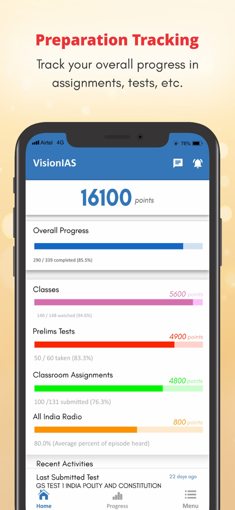 Vision IAS app preparation tracking screen showing student progress and points