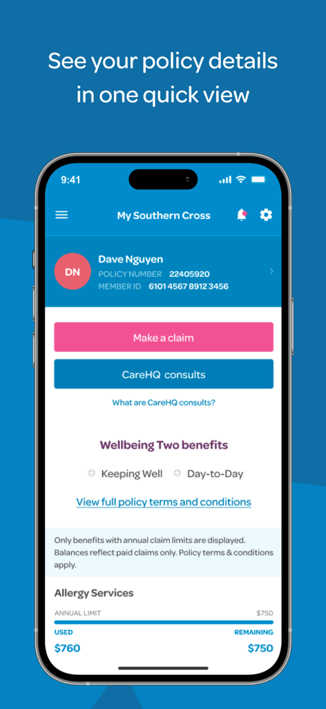 Visão geral do aplicativo My Southern Cross mostrando detalhes da apólice de seguro de saúde e botões de sinistro