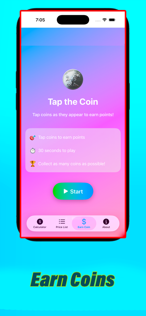 A mobile app screen showing a Tap the Coin mini game with a start button and instructions.