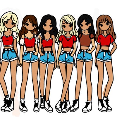 a group of girls wearing crop tops and shorts
