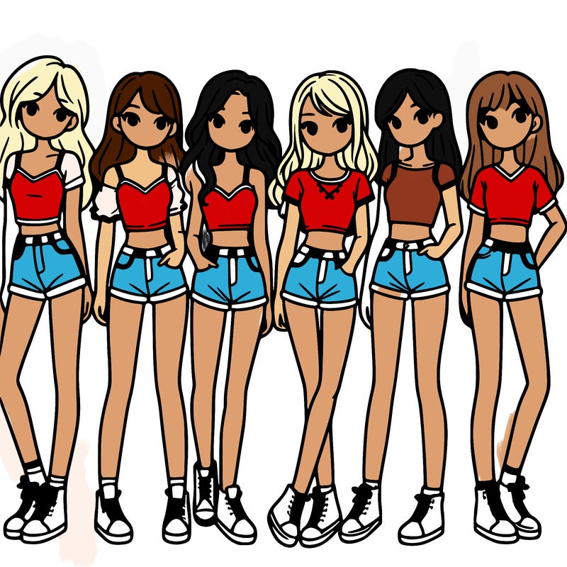 a group of girls wearing crop tops and shorts