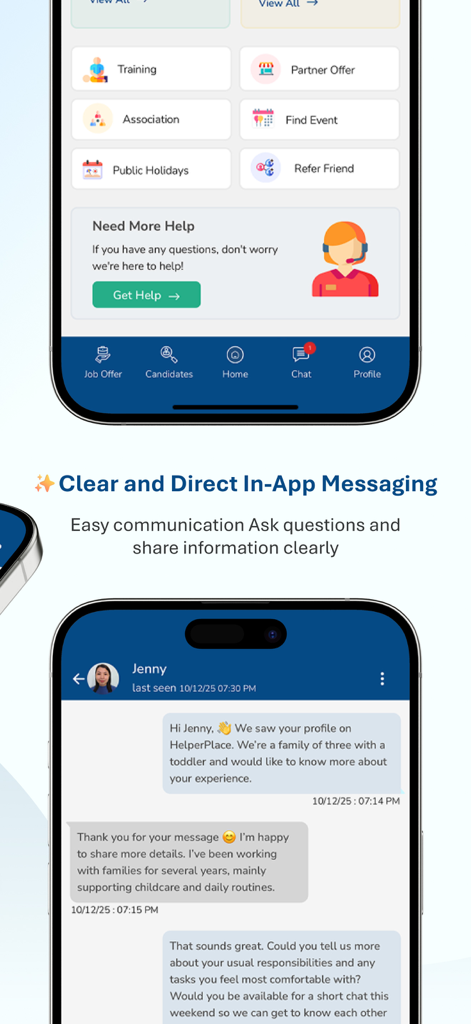 HelperPlace app interface showing the main dashboard and a direct messaging conversation between a family and a domestic helper.