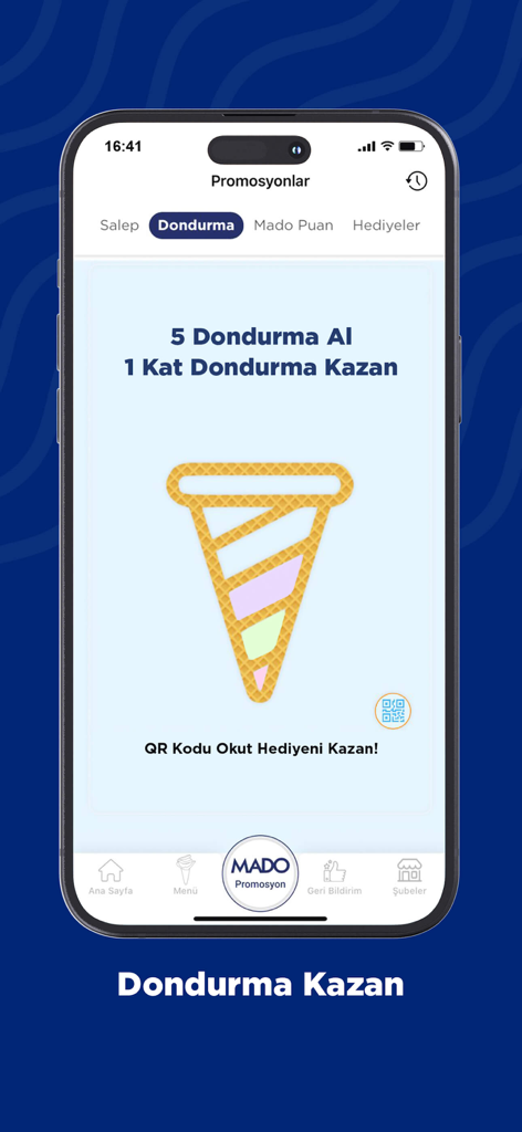 MADO Global - MADO Globalアプリのプロモーションページ。5個購入で1個無料のアイスクリーム特典が表示されています。