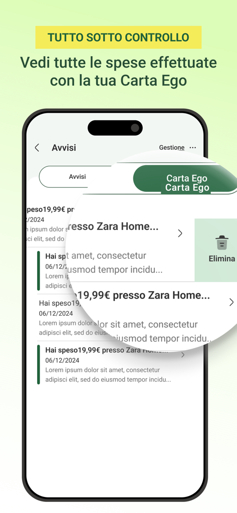 Mobile screen of Credem Banca app showing transaction alerts for Carta Ego
