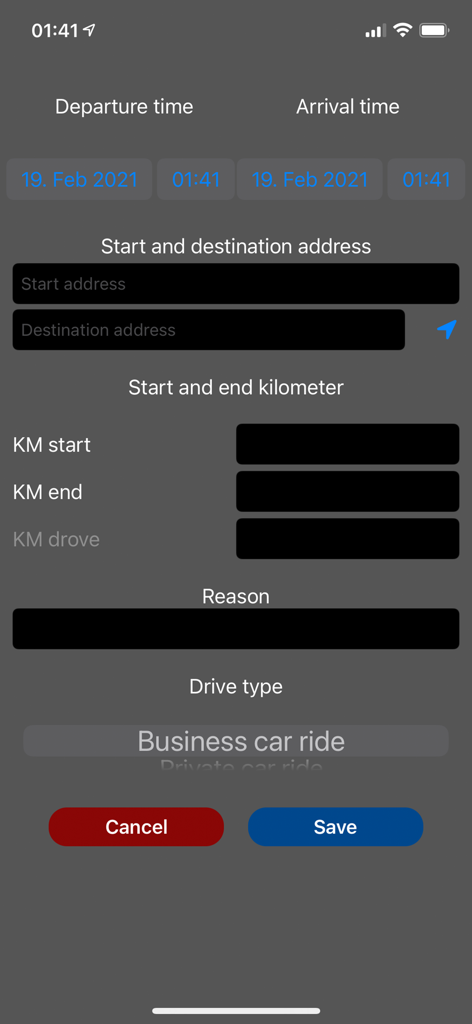 Car Log book App - Manual mileage entry form in the Car Log book App for tracking business and private car trips