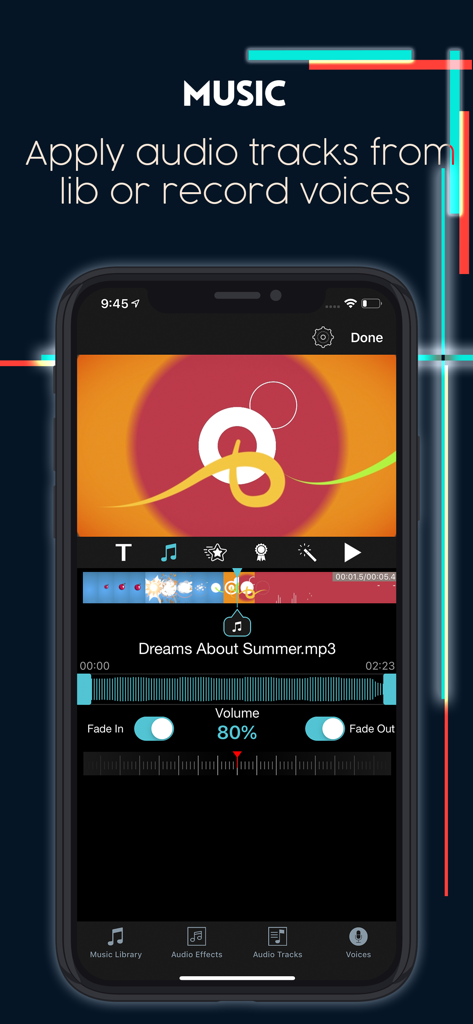 IntroTube: Intro Video Maker - Interfaccia dell'app IntroTube che mostra lo strumento di editing musicale con timeline audio, controlli del volume e opzioni di libreria.