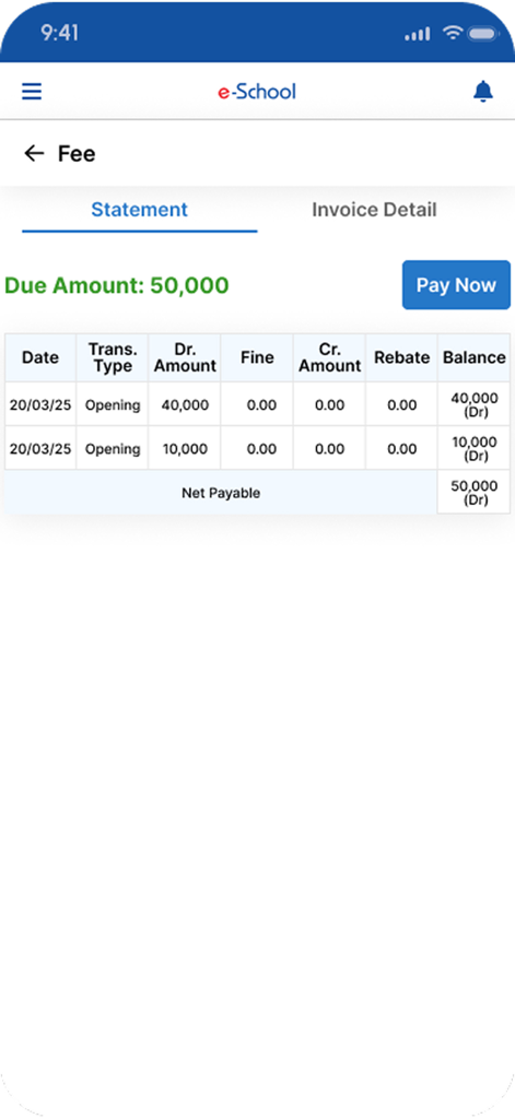 eSchool App by eZone - Interfaz de la aplicación móvil que muestra un estado de cuenta de tarifas escolares con el saldo pendiente y las opciones de pago.