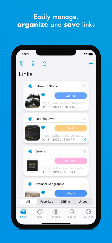 iLinks - iLinks mobile app interface on an iPhone showing a visual list of saved web links organized into cards with category tags