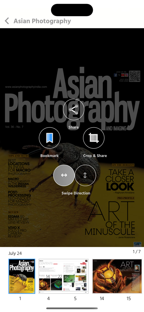 Asian Photography - Digital interface of the Asian Photography app showing a macro photography magazine cover with navigation and sharing tools