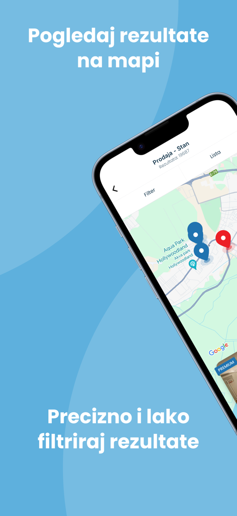 Interfaz de la aplicación móvil Halo Oglasi que muestra anuncios de bienes raíces en un mapa.