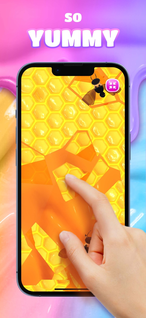 Magic Slime Simulator:ASMR - A user interacts with a realistic honey and honeycomb textured slime on a smartphone screen.