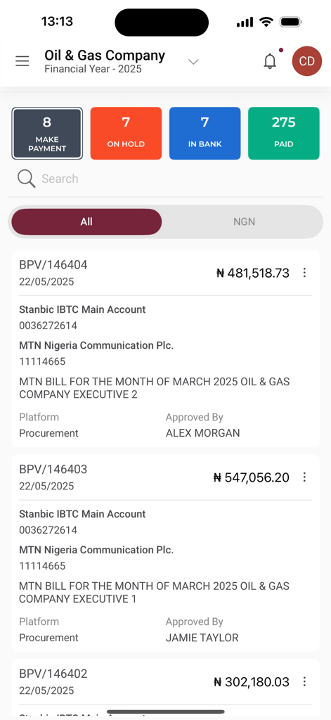 FINAS (Financial Accounting) - Mobile dashboard of the FINAS accounting app displaying business expense records and payment status categories