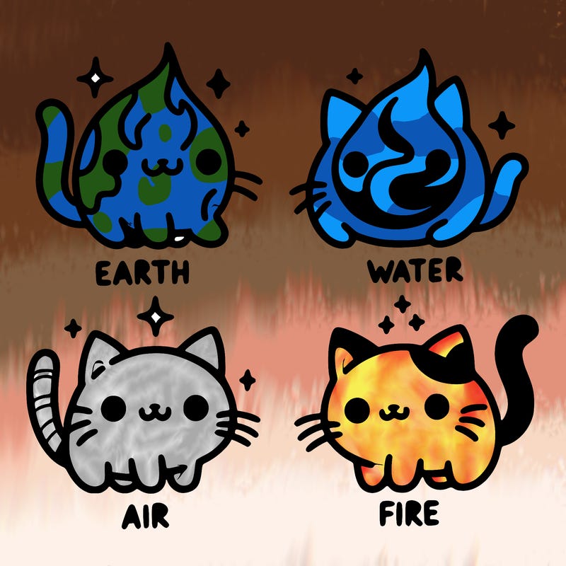 4 cats that represent the different elements, earth, water, air, and fire