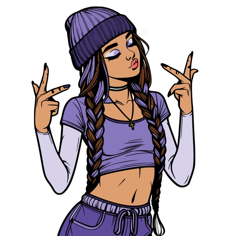 realistic teenage girl with braids and a beanie and crop top doing 🫶🏼