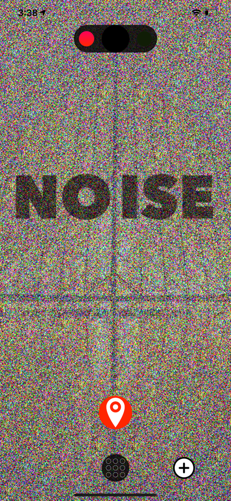 Una pantalla de juego móvil con un fondo de estática y la palabra NOISE y un ícono de pin de ubicación rojo