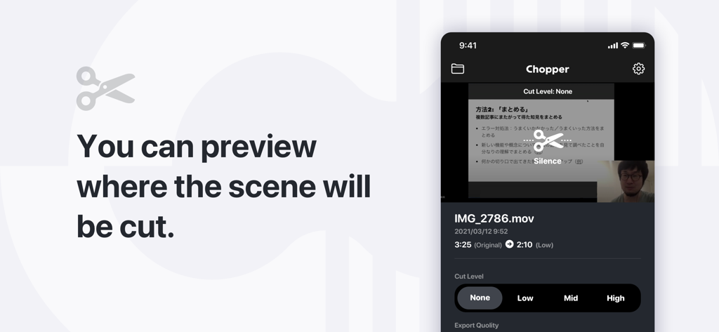 Chopper: Video/Audio Shortener - Interface of Chopper app showing a preview of video cutting and silence removal settings.