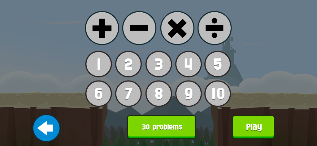 Number Runの選択画面。算数の演算とレベル1から10が表示されている。