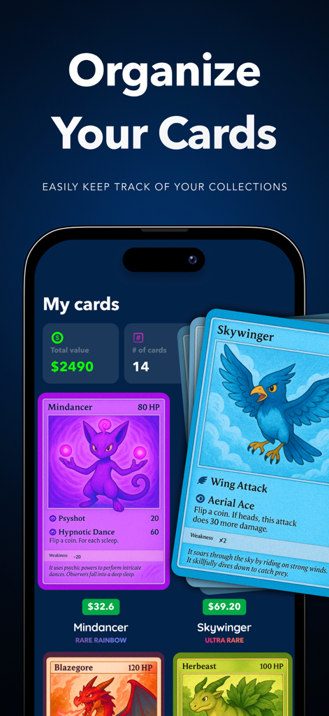 Snapdex: Card Value Scanner - Snapdex app interface displaying card collection management with total portfolio value and individual card market prices