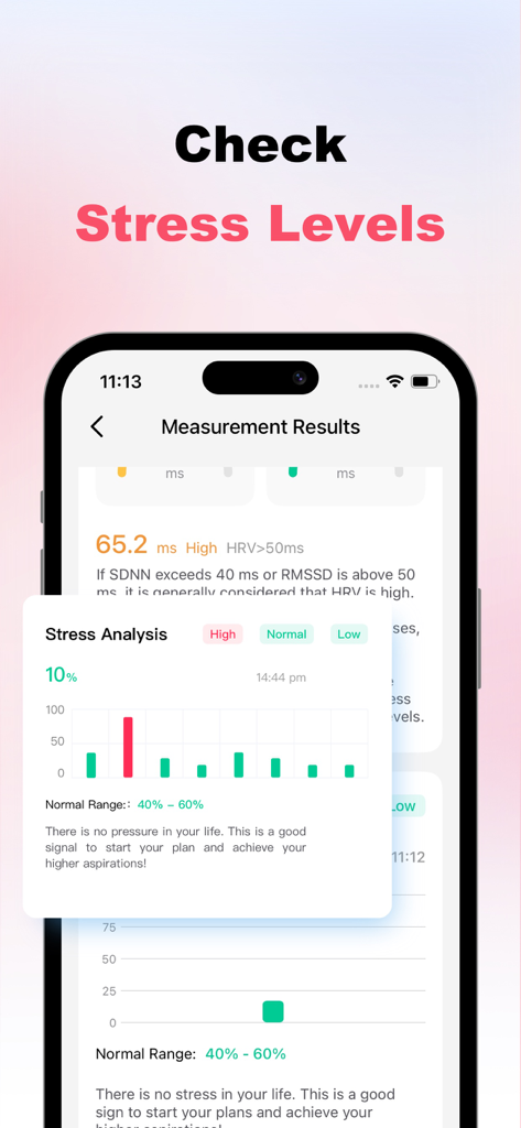 Stress level analysis and measurement results shown on the Wellpulse heart health app