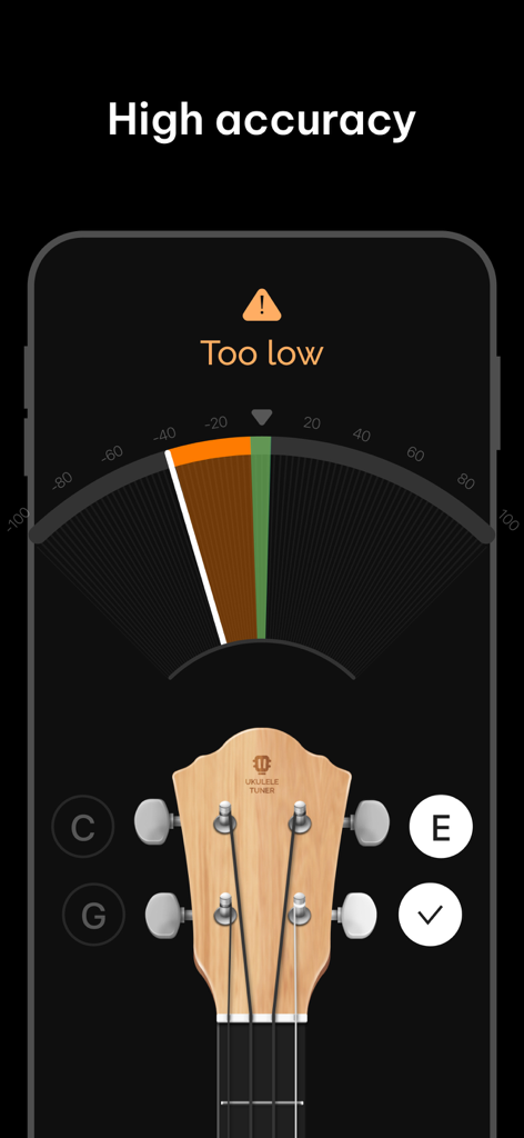 Ukulele Tuner: tune & chords - 高精度チューニングのための、ニードルゲージと低すぎるピッチ警告を表示するデジタルウクレレチューナーインターフェース。