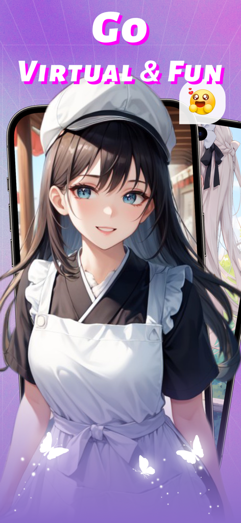 An anime girl character in a maid outfit on a mobile screen with the text Go Virtual and Fun
