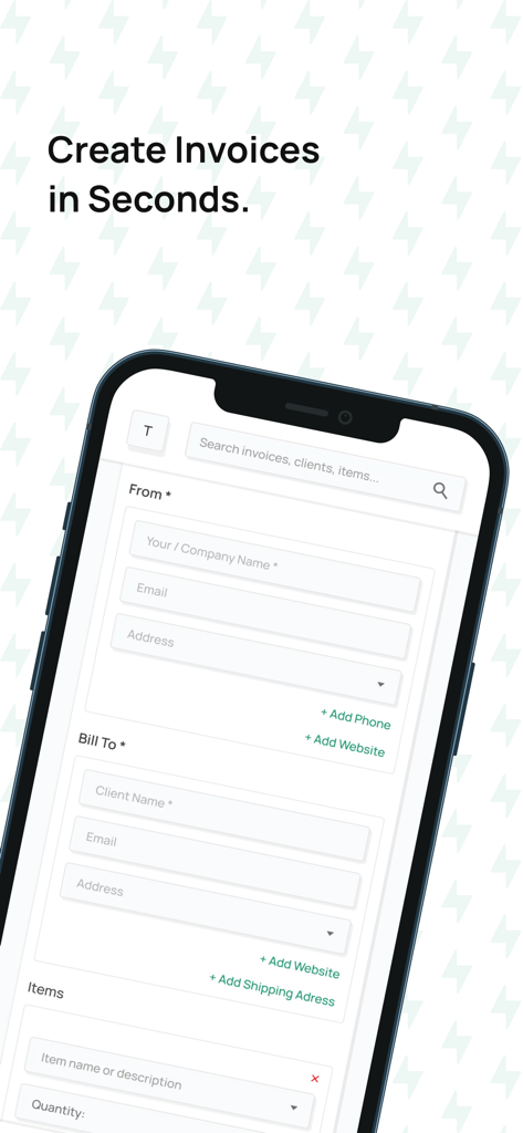 Invoice Generator App - Interface da aplicação móvel do Gerador de Faturas mostrando campos para criar faturas profissionais em segundos