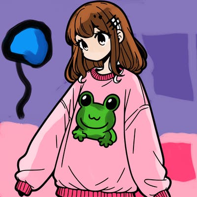 girl wearing frogging sweatshirt