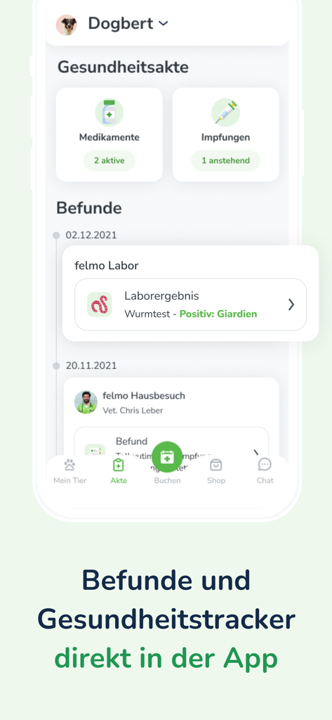 felmo Mobiler Tierarzt - 犬のデジタルペット健康記録、検査結果、ワクチン接種状況を表示するモバイルアプリのインターフェース