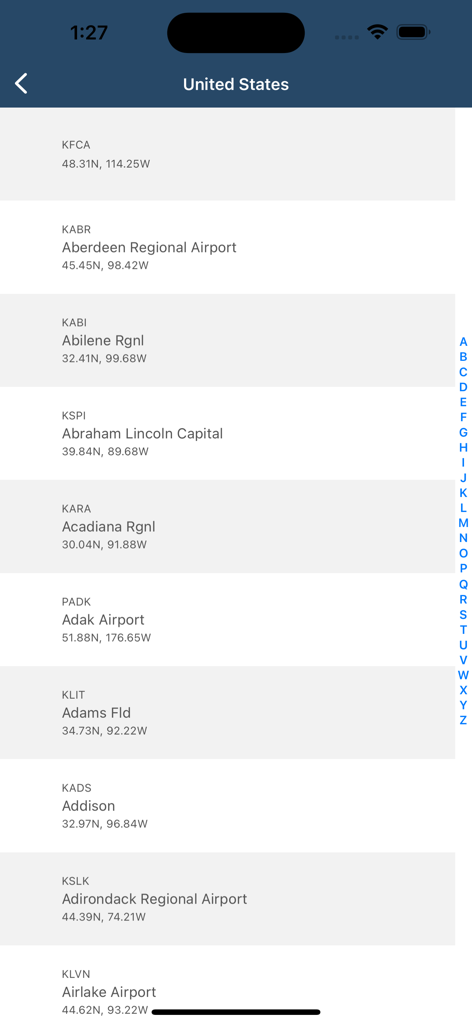 Lista alfabética de aeropuertos de los Estados Unidos que muestra códigos OACI y coordenadas geográficas