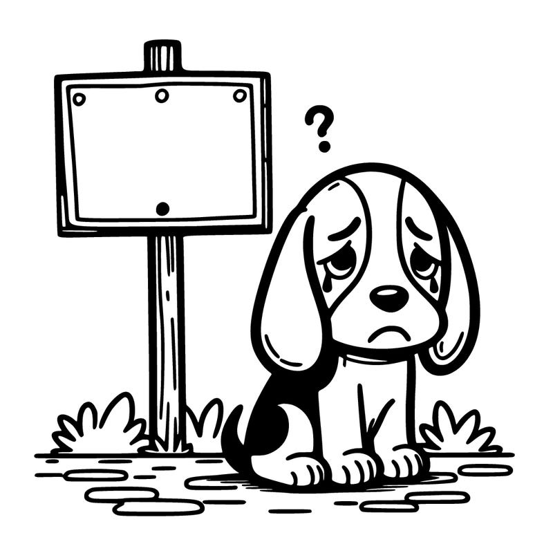 sad beagle with a sign next to it