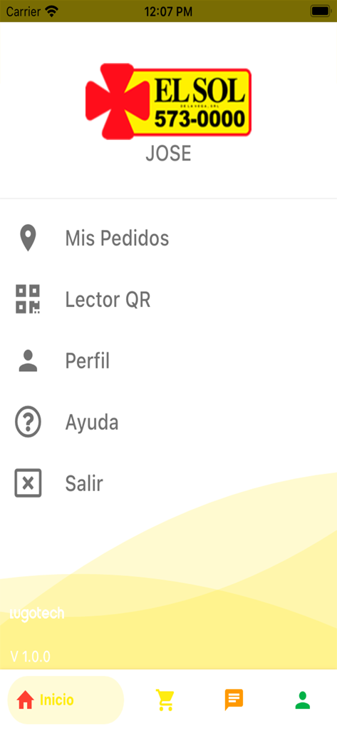 Main menu of the Farmacias El Sol app featuring user options like orders and profile in Spanish
