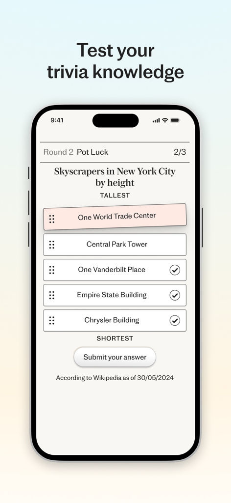 Telegraph Puzzles - A trivia challenge in the Telegraph Puzzles app asking to rank New York City skyscrapers by height