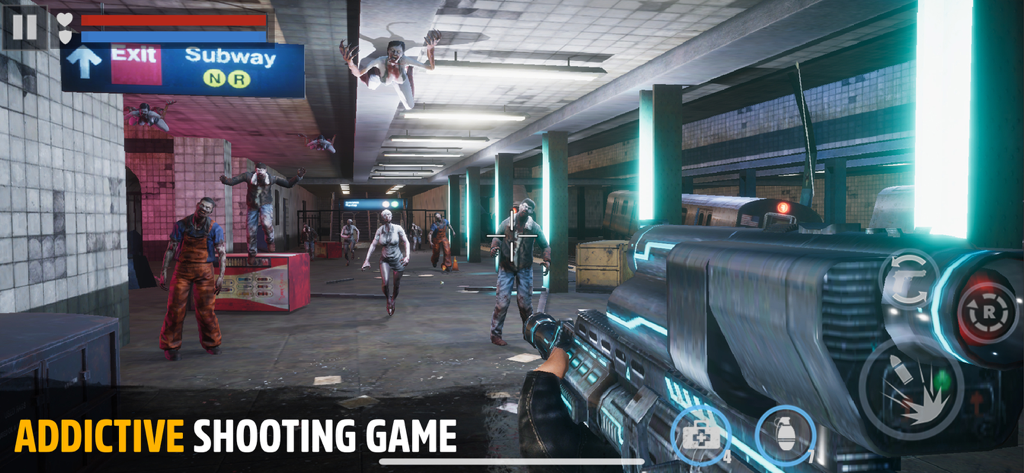 First person view of shooting zombies in a subway station