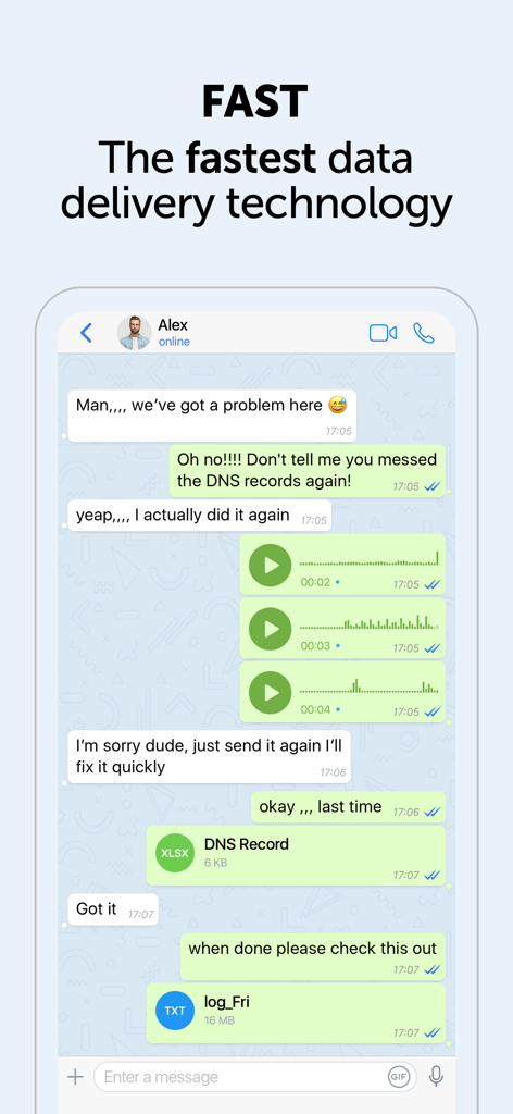 Secure chat interface in Zangi Private Messenger showing fast data delivery and file sharing